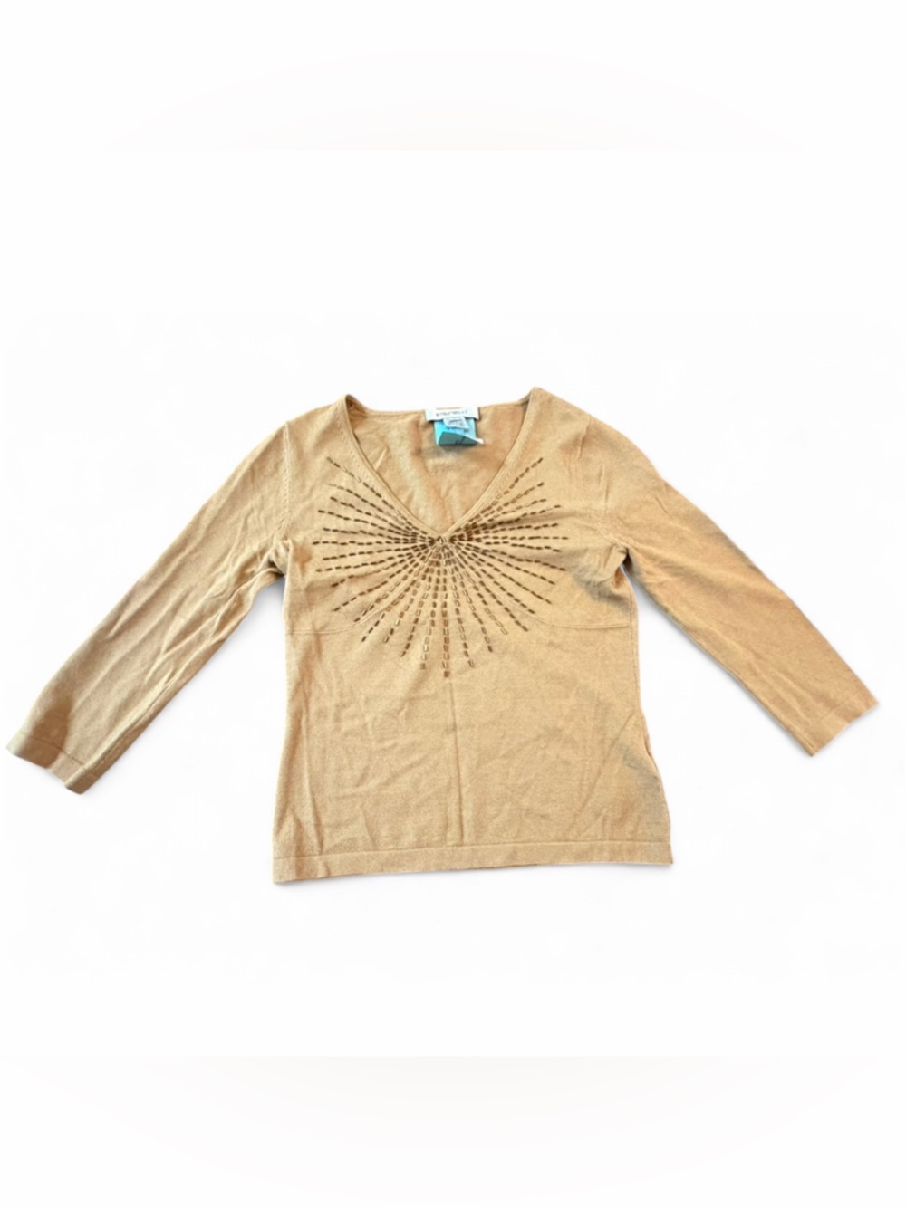 Nine West Vintage Beaded V-Neck 3/4 Sleeve Y2K Cropped Shirt Top Blouse Org Tag